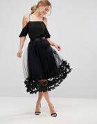 Amy Lynn Tulle Midi Skirt With 3d Floral Embellishment - Black
