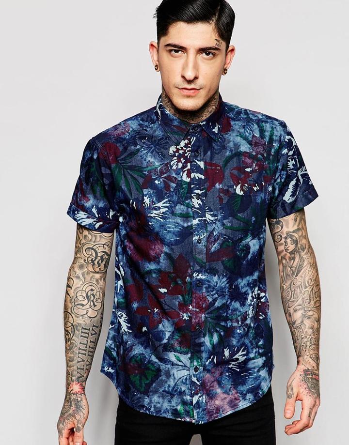 Wrangler Short Sleeve Floral Shirt - Blue
