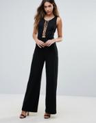 Unique 21 Lace Up Ribbed Wide Leg Jumpsuit - Black