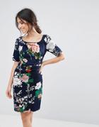 Uttam Boutique Floral Print Dress With Gathered Front - Navy