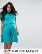 Asos Maternity Nursing Solid Tie Neck Double Layer Frill Dress - Green