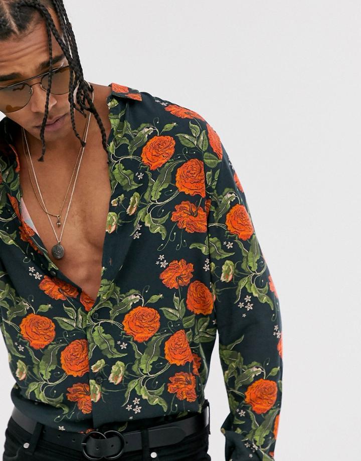 Asos Design Regular Fit Floral Shirt In Black
