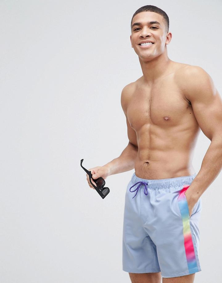 Asos Swim Shorts In Blue With Rainbow Side Stripe In Mid Length - Blue