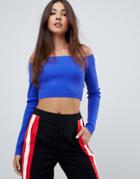 Missguided Bardot Cropped Knitted Sweater - Blue