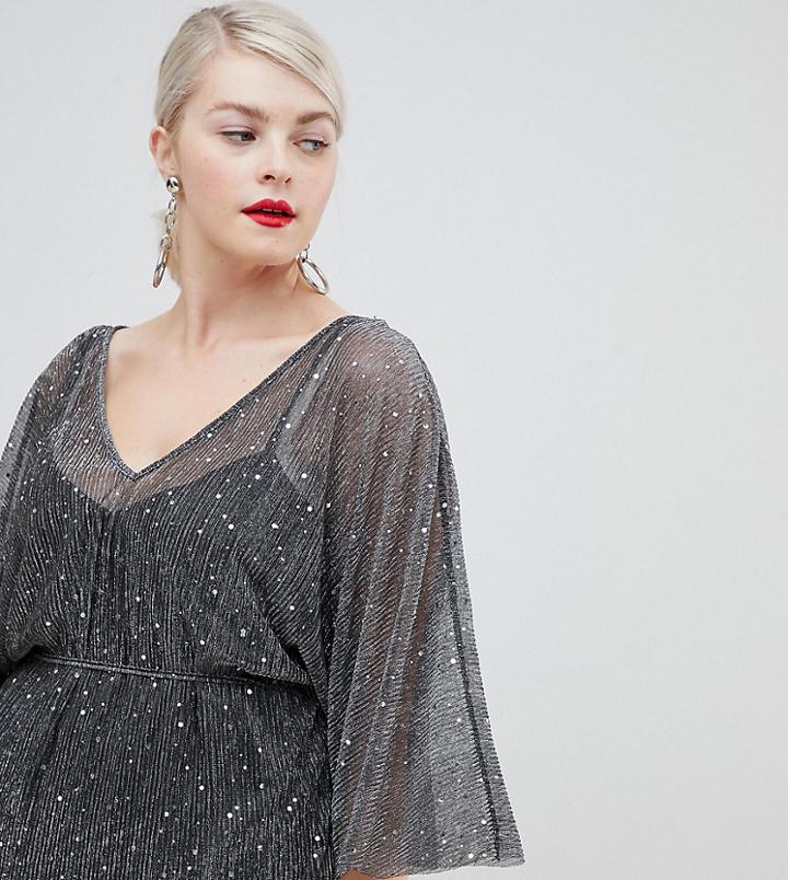 River Island Plus Sequin Blouse With Tie Waist In Gray - Black