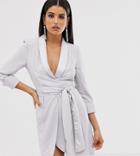 Asos Design Tall Mini Tux Dress With Ruched Sleeve-silver