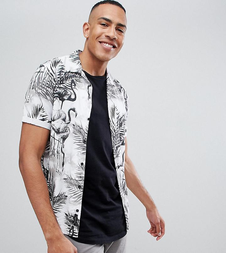 Religion Tall Revere Collar Short Sleeve Shirt In Monochrome Flamingo Print - White