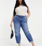 River Island Plus Carrie Comfort Sculpt Raw Hem Mom Jeans Mid Auth Blue-blues