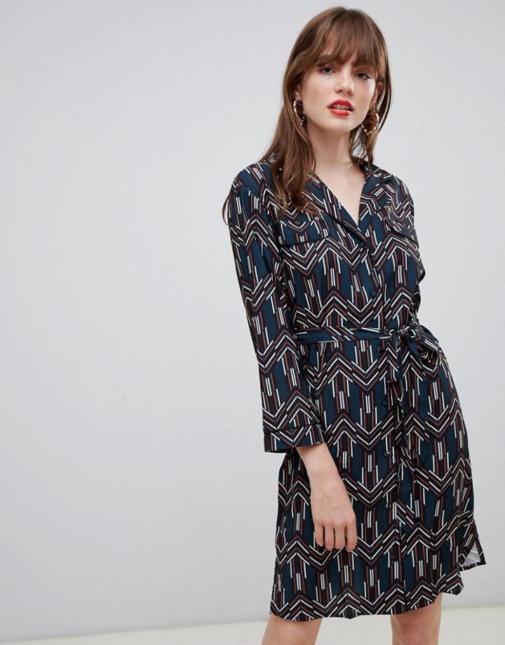 Darling Geo Print Belted Shirt Dress - Navy