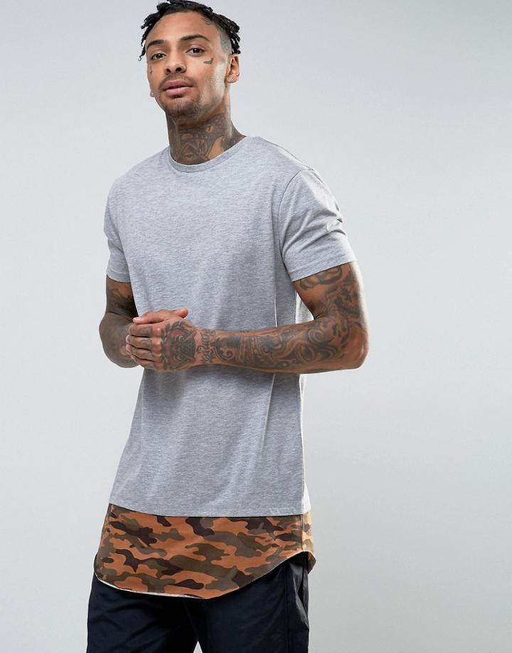 Asos Longline T-shirt With Distressed Camo Print Hem Extender - Green