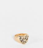 Designb London Curve Chunky Hammered Heart Signet Ring In Gold
