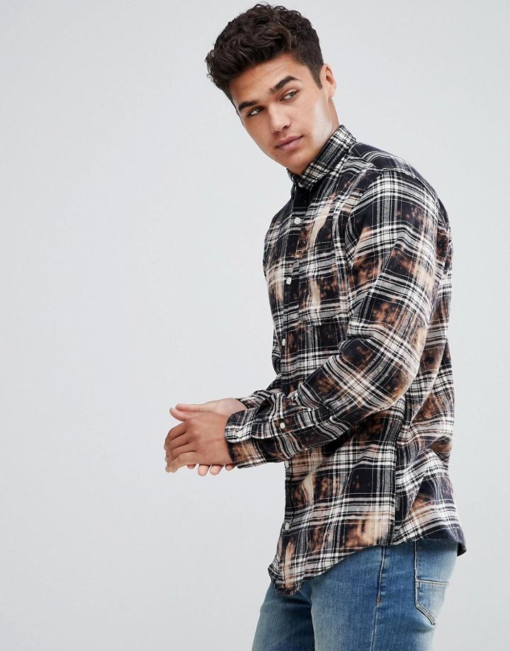 Jack & Jones Originals Flannel Shirt With Bleach Details - Black
