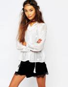 Navy London Embroidered Sheer Smock Top With Front Tie - Cream