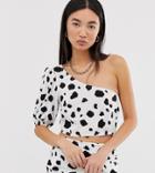 Reclaimed Vintage Inspired One Shoulder Puff Sleeve Top In Cow Print Two-piece - White