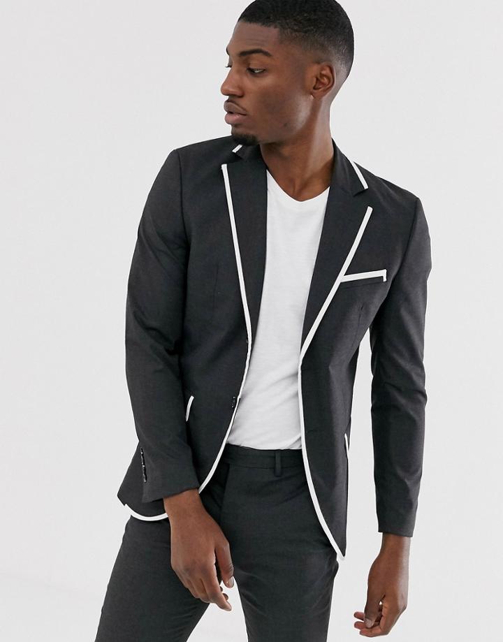 Jack & Jones Premium Skinny Fit Tipped Suit Jacket In Gray