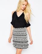 Pieces Cold Shoulder Woven Panel Top - Black