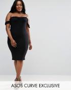 Asos Curve Midi Dress With Ruffle Bardot Detail - Black