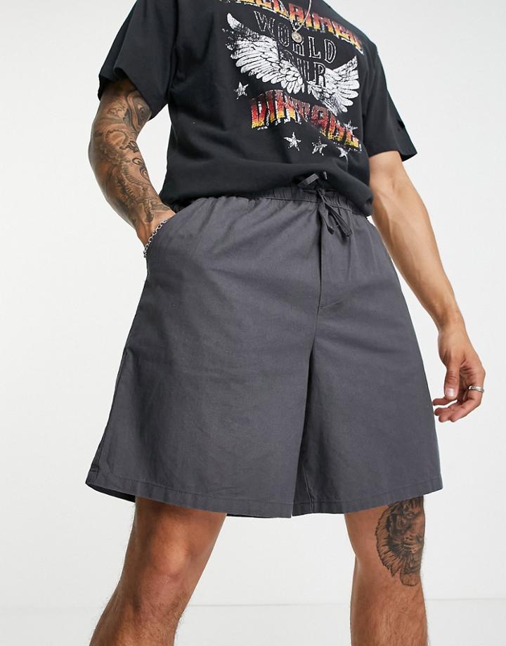Asos Design Boxy Shorts In Charcoal Linen Look-grey