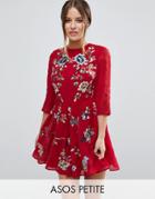 Asos Petite Premium Mini Skater Dress With Floral Embroidery - Red