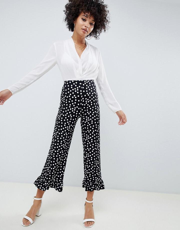 Asos Design Pants With Fluted Ruffle Hem In Polka Dot - Black