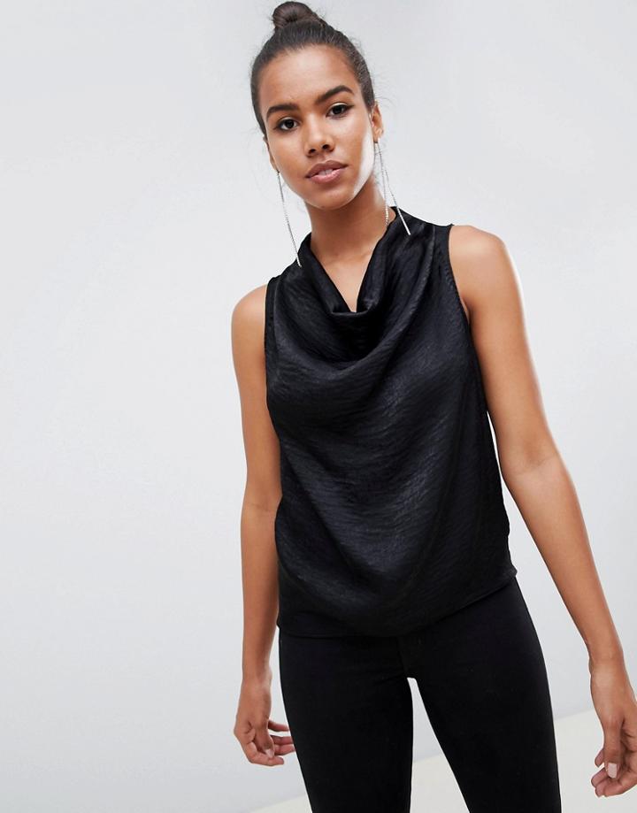 Asos Design Cowl Neck Top In Satin - Black