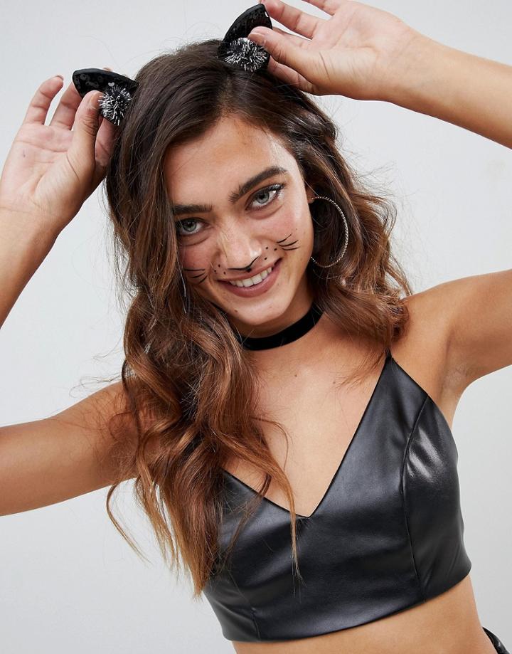 Asos Design Halloween Headband With Sequin Cat Ears And Poms In Black - Black
