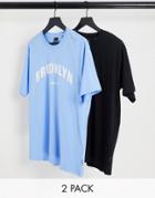 Only & Sons 2 Pack Oversized Brooklyn T-shirts In Blue & Black-multi