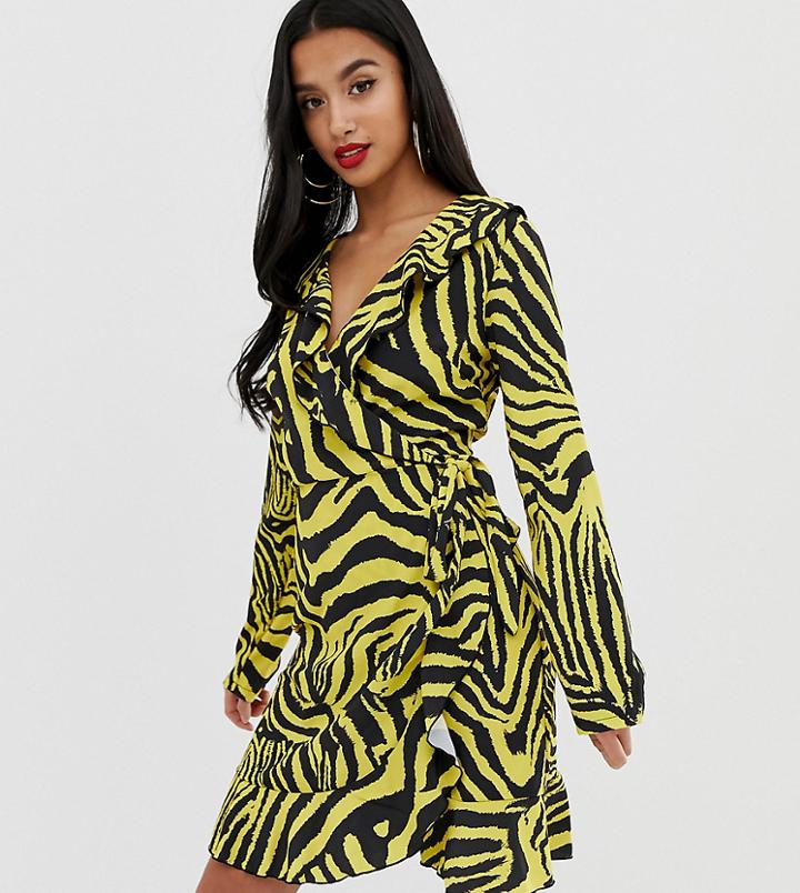 John Zack Petite Ruffle Wrap Front Midi Tea Dress In Yellow Zebra Print - Multi