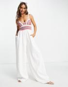 Asos Design Crochet Bodice Strappy Back Jumpsuit In Crinkle In Cream-multi