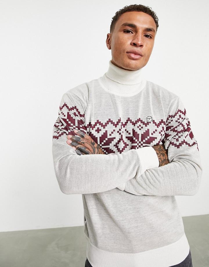 Le Breve Fairisle Roll Neck Christmas Sweater In Ecru-white