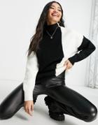 Urban Revivo Color Block Knitted Sweater In Black And White-multi