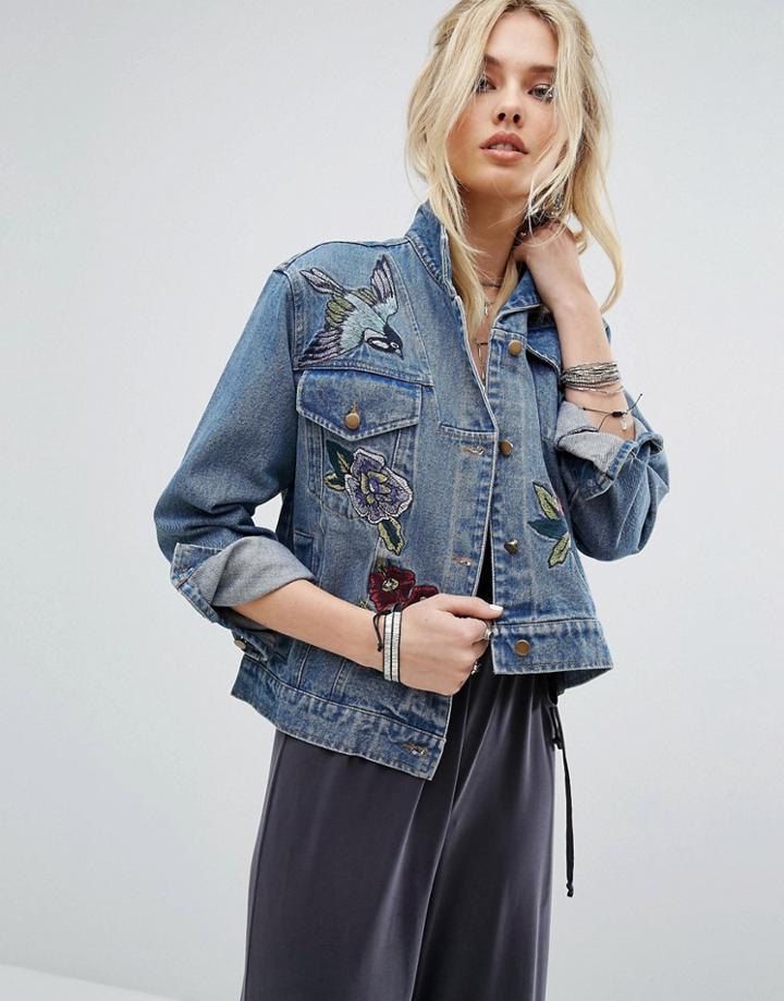 Honey Punch Embroidered Denim Jacket - Blue