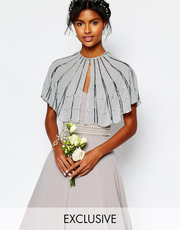 Maya Scallop Edge Sequin Cape In Blue - Gray