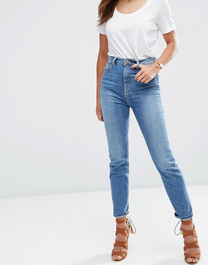Asos Farleigh High Waist Slim Mom Jeans In Gwen Mid Stonewash Blue - Blue