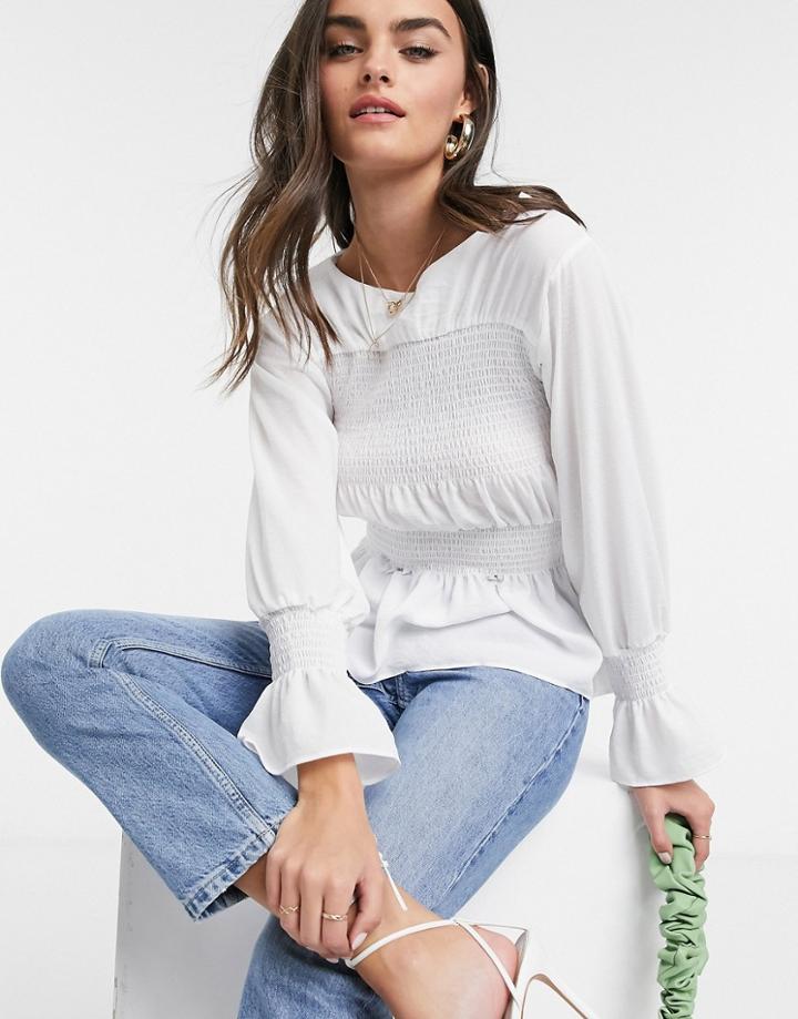 Asos Design Long Sleeve Top With Shirred Panel In Ivory-white