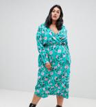 Influence Plus Floral Print Wrap Midi Dress With Ruffle - Green