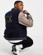 Asos Design Oversized Varsity Bomber Jacket With Back Embroidery In Navy