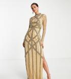 Asos Design Tall High Neck Embellished Maxi Dress With Long Sleeves In Gold