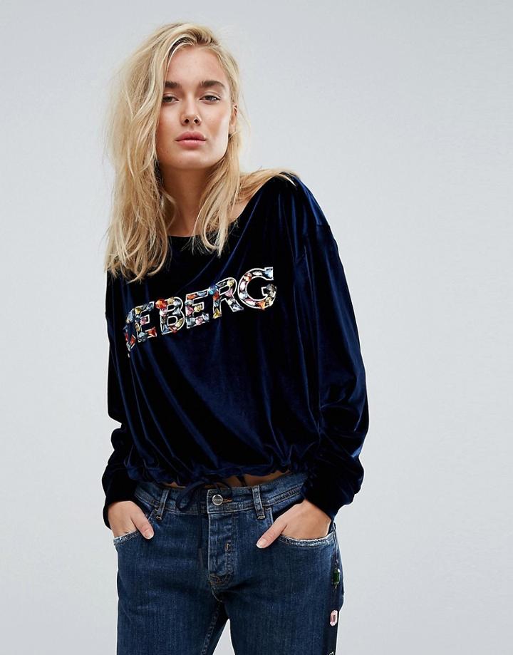 Iceberg Off The Shoulder Embellished Logo Sweat - Navy