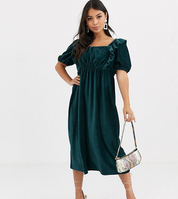 Asos Design Petite Cord Frill Midi Dress-green