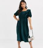 Asos Design Petite Cord Frill Midi Dress-green