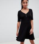 Asos Design Petite V Neck Skater Dress With Buttons - Black