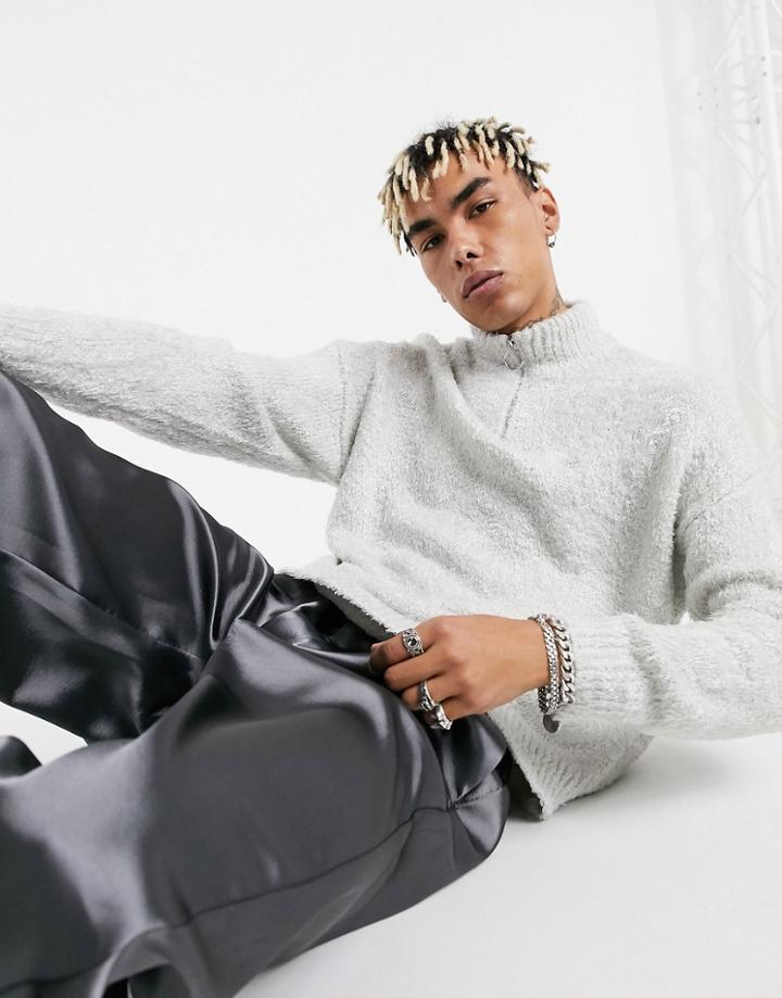 Asos Design Knitted Half-zip Sweater In Ice Gray Fluffy Yarn-grey