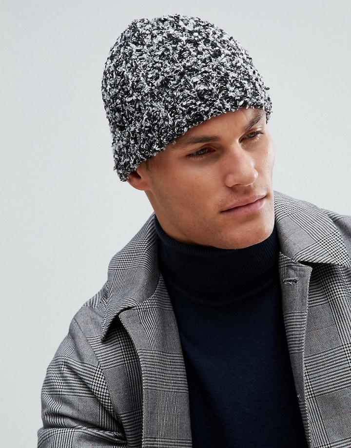 Asos Fisherman Beanie In Black & Gray Boucle - Black