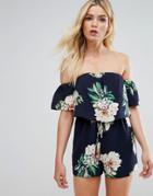 Parisian Off Shoulder Tropical Print Romper - Navy