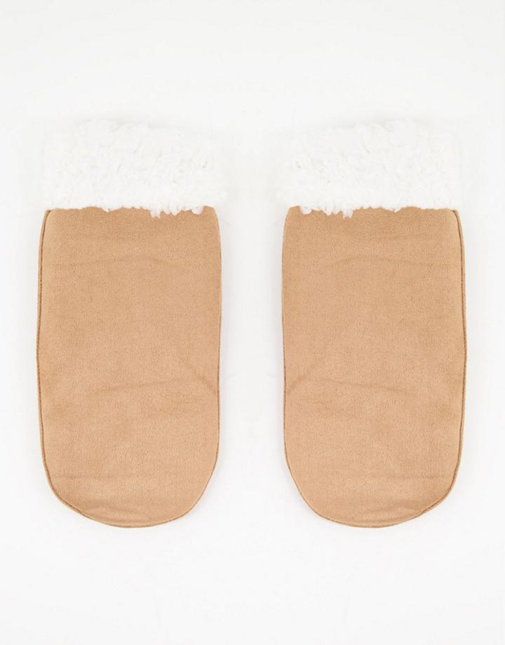 Svnx Suedette Sherpa Mittens In Tan-brown