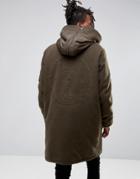 Asos Cut & Sew Wool Mix Parka With Back Embroidery In Khaki - Green