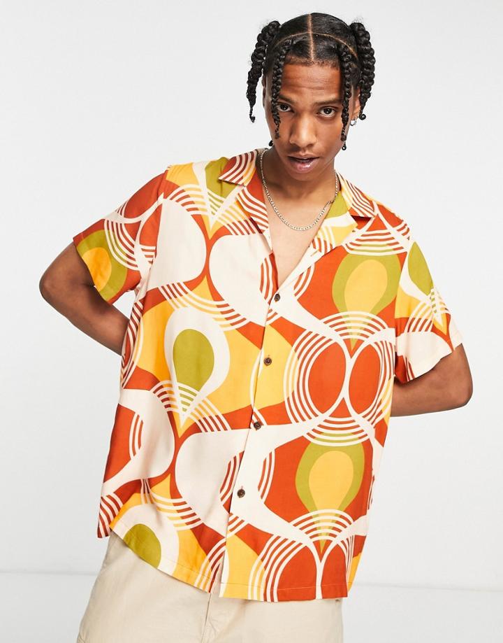 Asos Design Relaxed Revere Shirt In 70s Geo Print-orange