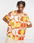 Asos Design Relaxed Revere Shirt In 70s Geo Print-orange