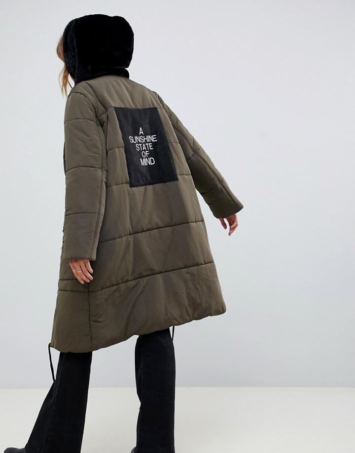 Native Rose Longline Padded Bomber Coat With Sunshine Panel - Green
